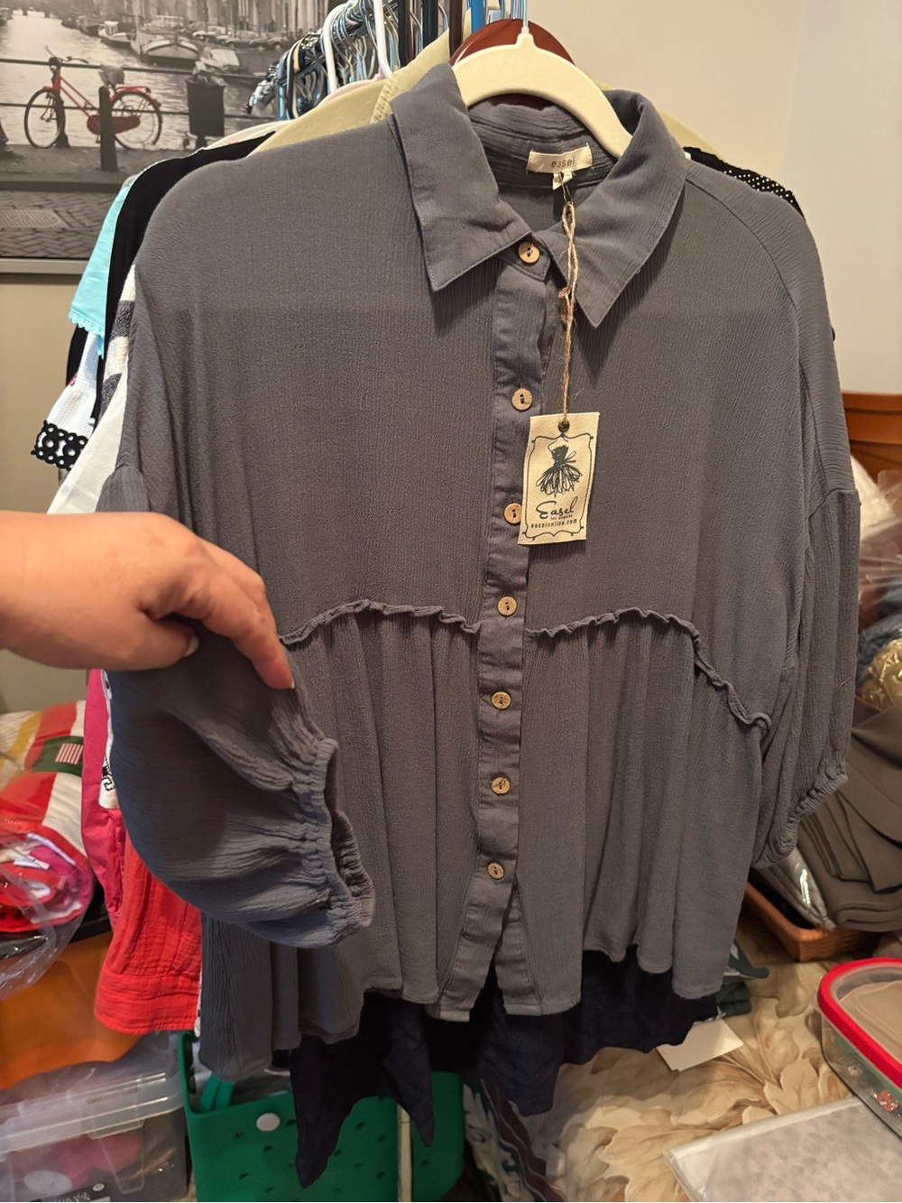 Easel Slate Gray Button-Front Gauze Blouse NWT 25”Ptp